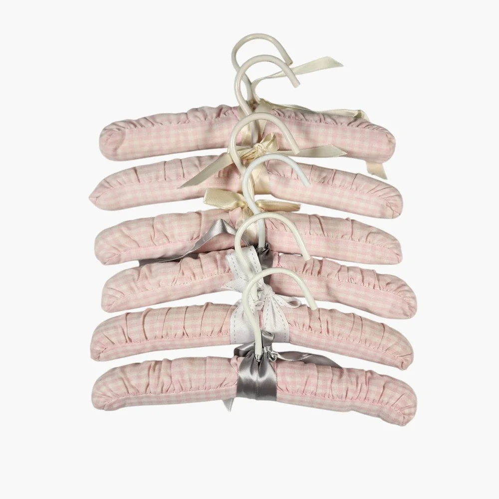 Baby Padded Hangers Set of 6 Pink Gingham Check Satin Bow‎ Cottagecore